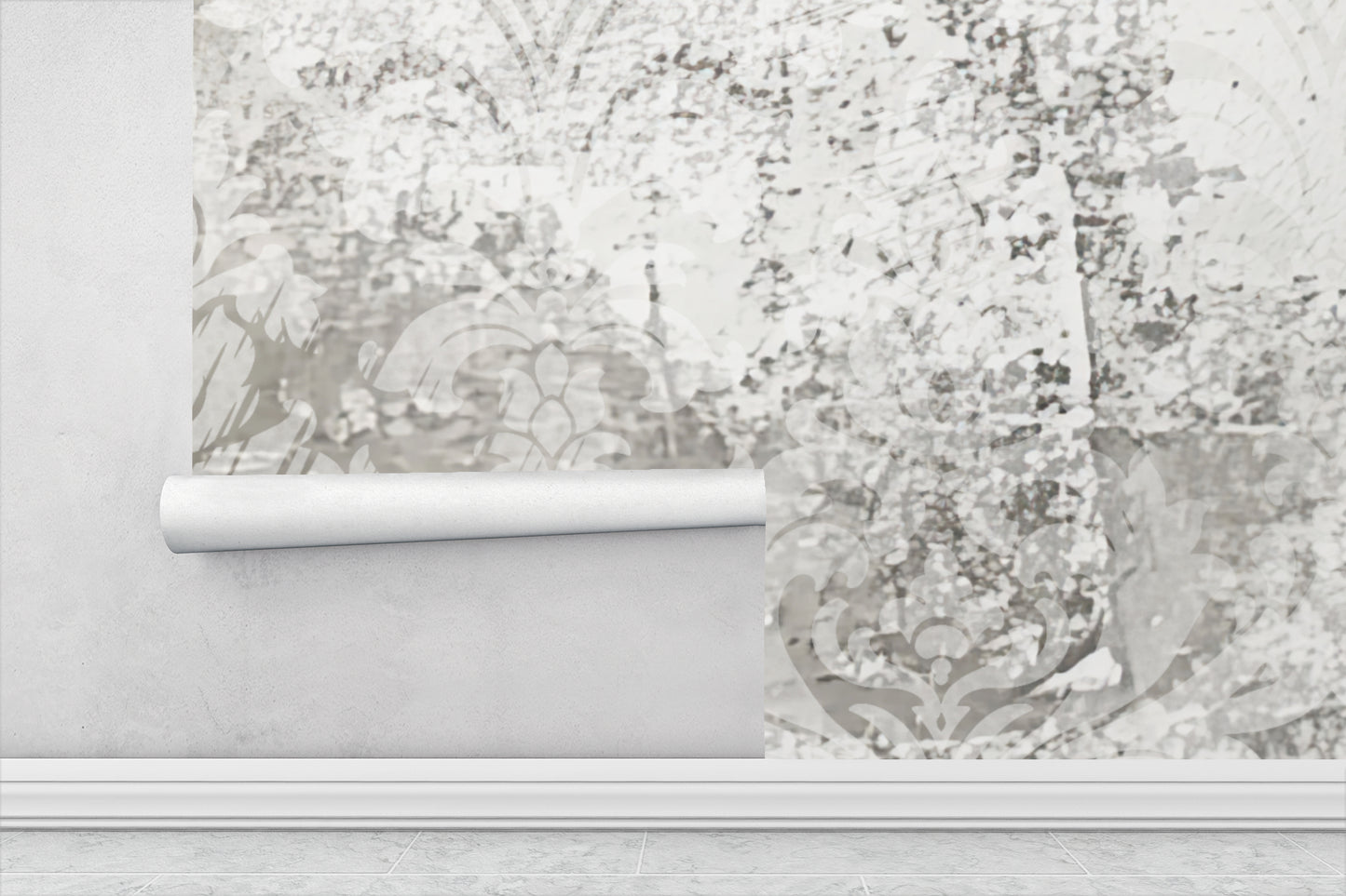 White Vintage Large Scale Damask Distressed Wallpaper Mural in Peel & Stick Canvas Vinyl or Non-Woven