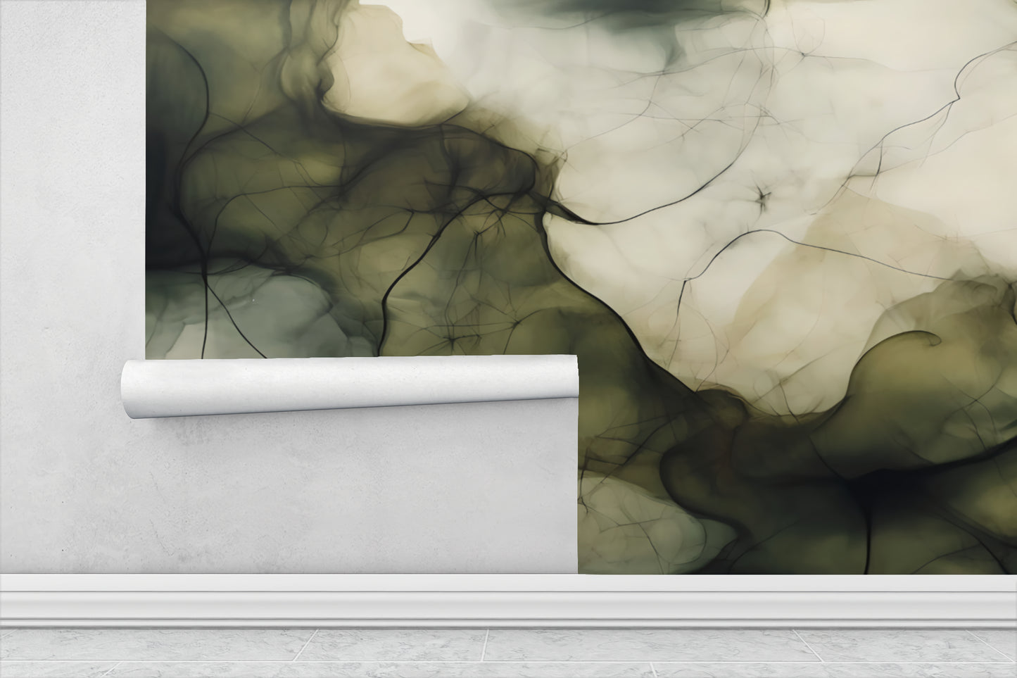 Olive Green Abstract Luxury Wallpaper Modern Fluid Wall Mural in Peel & Stick Canvas Vinyl or Non-Woven