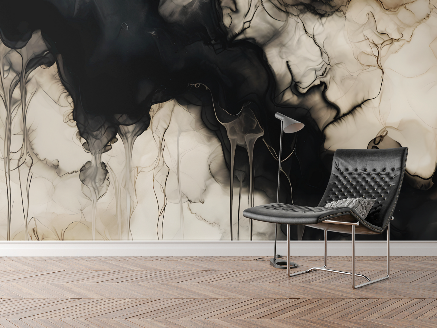 Black Abstract Luxury Wallpaper Modern Fluid Wall Mural in Peel & Stick Canvas Vinyl or Non-Woven (Copy)