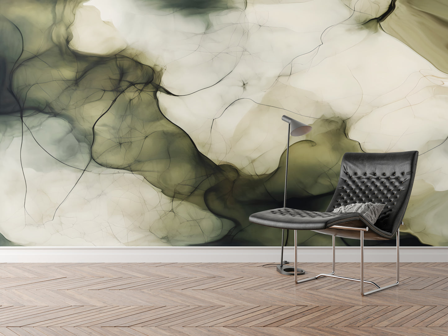 Olive Green Abstract Luxury Wallpaper Modern Fluid Wall Mural in Peel & Stick Canvas Vinyl or Non-Woven