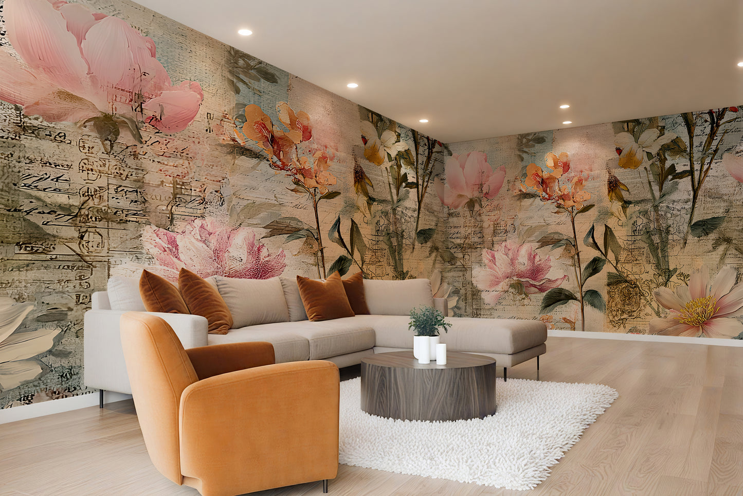 Large Scale Floral Distressed Wallpaper Mural in Peel & Stick Canvas Vinyl or Non-Woven (Copy)