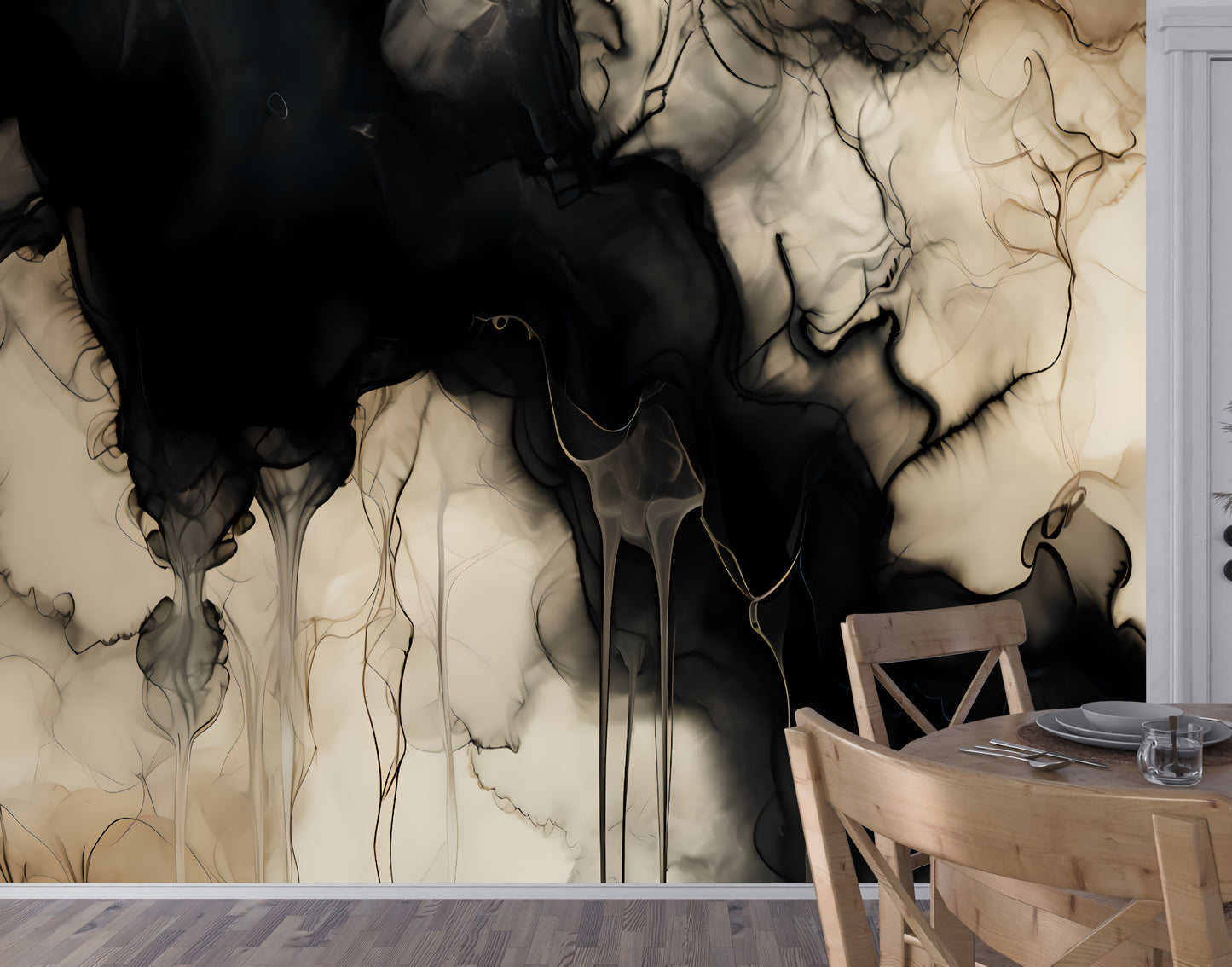 Black Abstract Luxury Wallpaper Modern Fluid Wall Mural in Peel & Stick Canvas Vinyl or Non-Woven (Copy)
