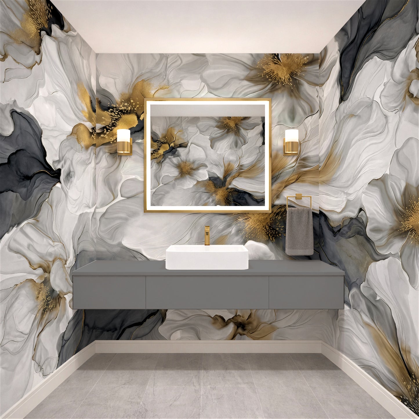 Gray and Gold Bold Floral Luxury Wallpaper Mural