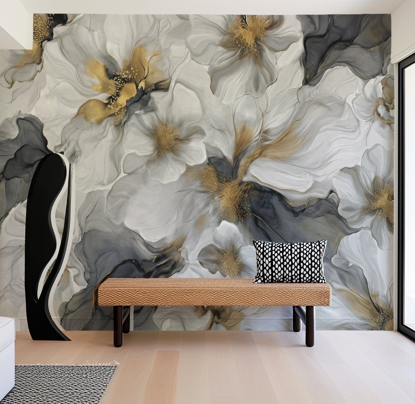 Gray and Gold Bold Floral Luxury Wallpaper Mural