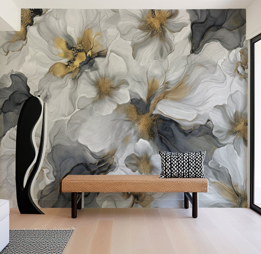 Gray and Gold Bold Floral Luxury Wallpaper Mural