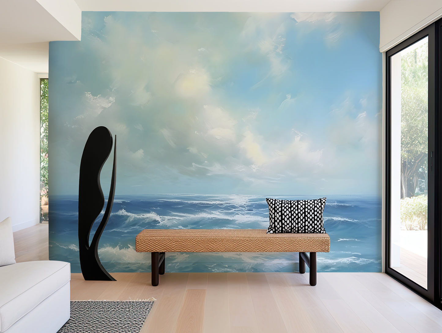 Soft Ocean Blue with Clouds Wallpaper Mural in Peel & Stick Canvas Vinyl or Non-Woven