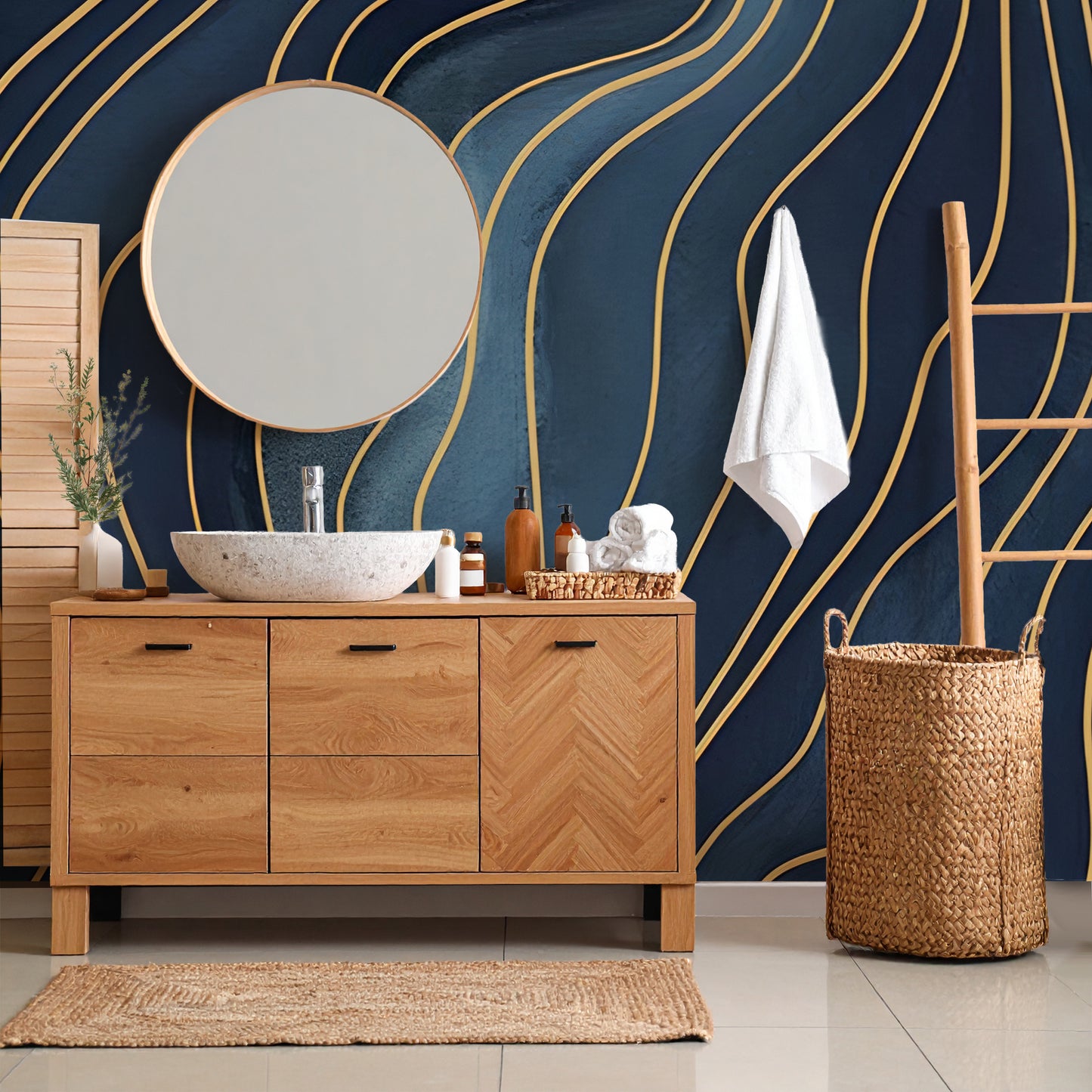 Blue Abstract Wall Wallpaper Mural in Peel & Stick Canvas Vinyl or Non-Woven