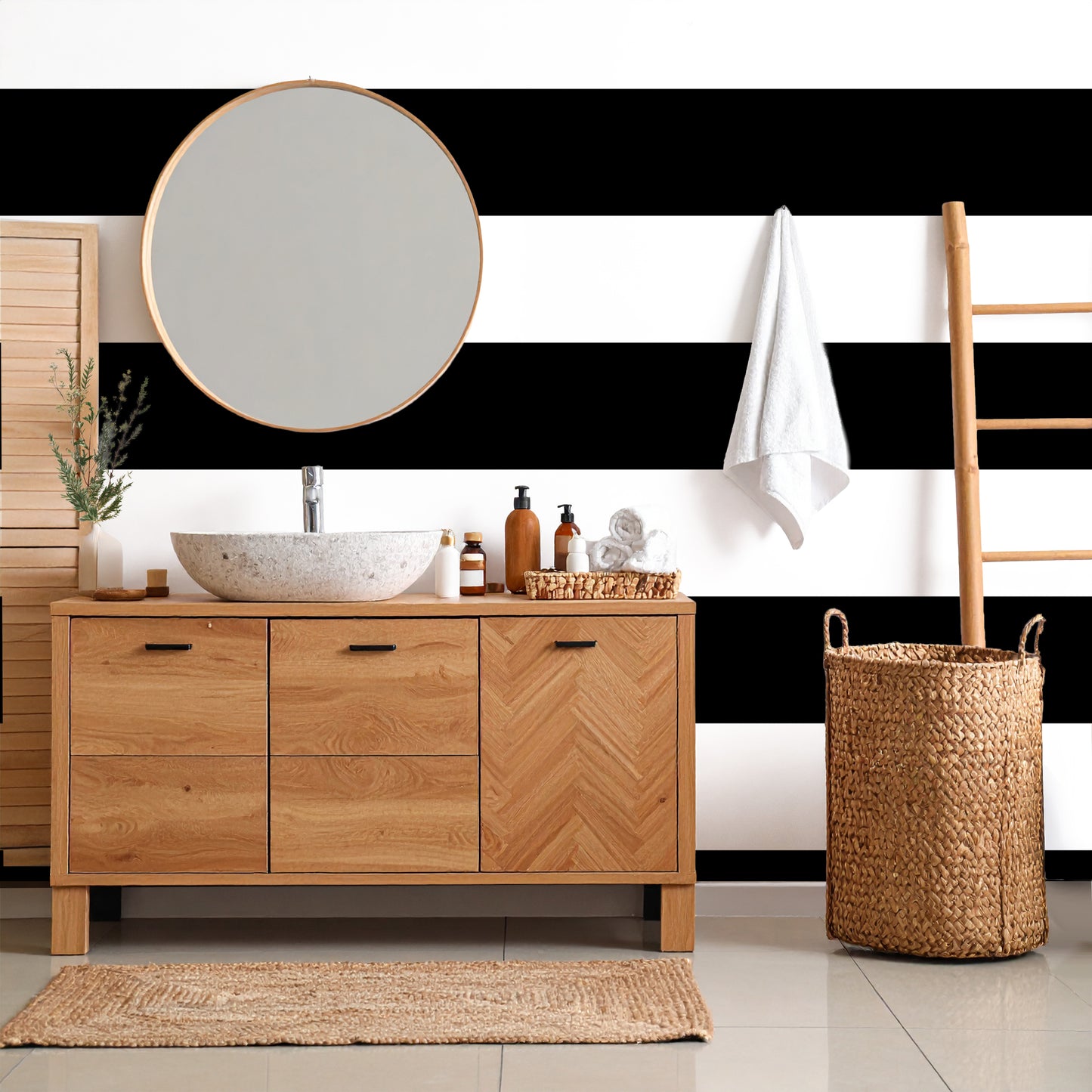 Black and White Horizontal Striped Luxury Wallpaper Textured Paper or Peel and Stick
