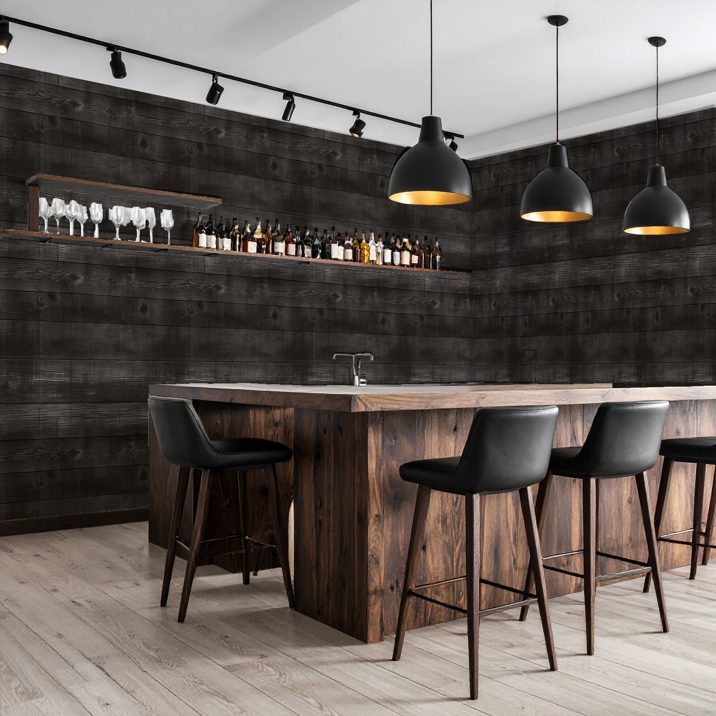 Black Wood Wall Wallpaper Mural in Peel & Stick Canvas Vinyl or Non-Woven