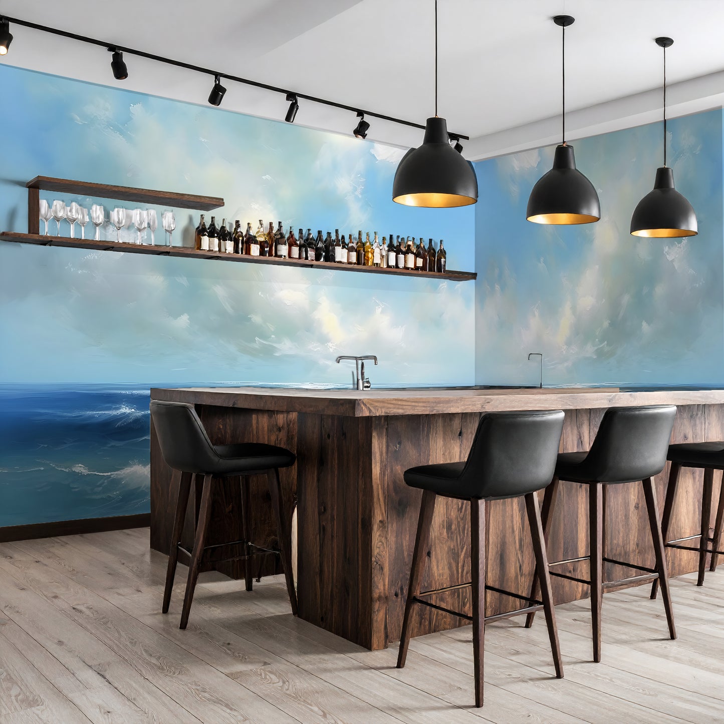 Soft Ocean Blue with Clouds Wallpaper Mural in Peel & Stick Canvas Vinyl or Non-Woven