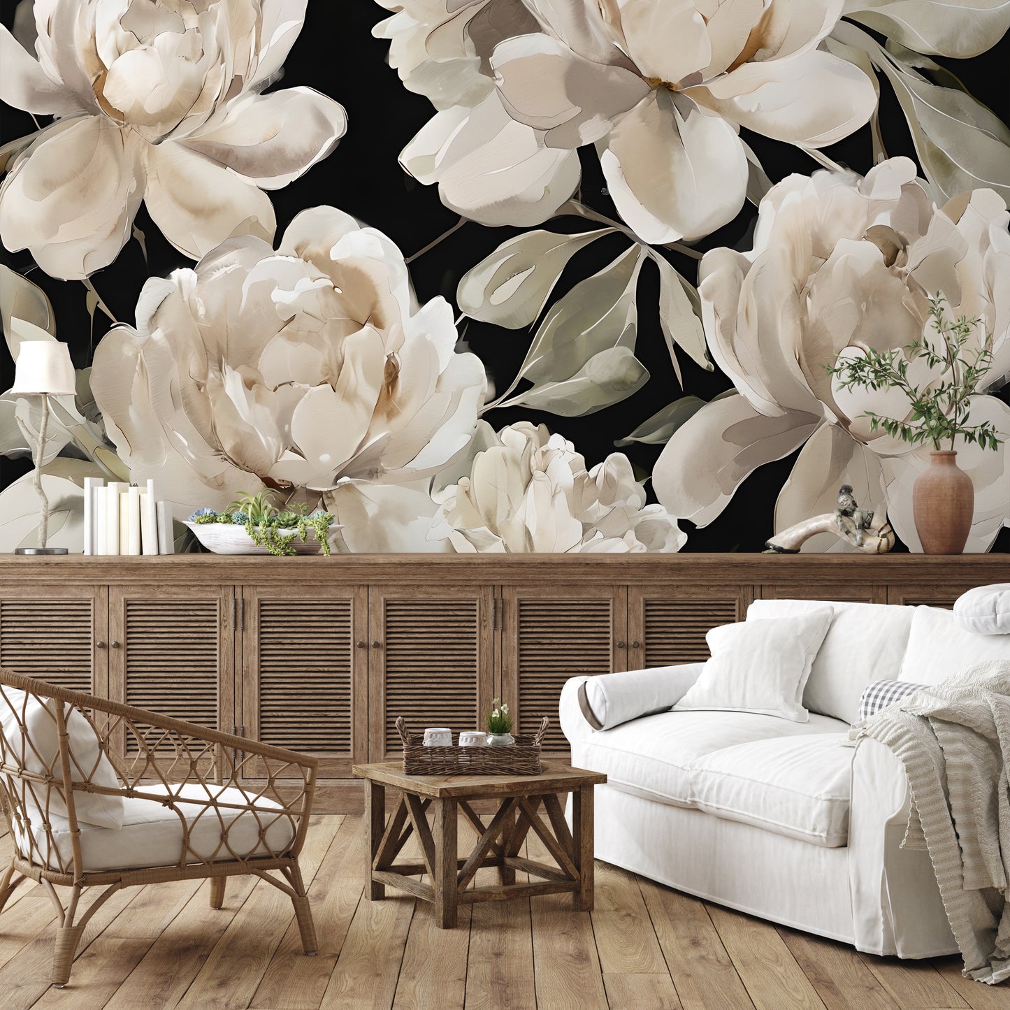 Painted Peony Wallpaper Mural in Peel & Stick Canvas Vinyl or Non-Woven