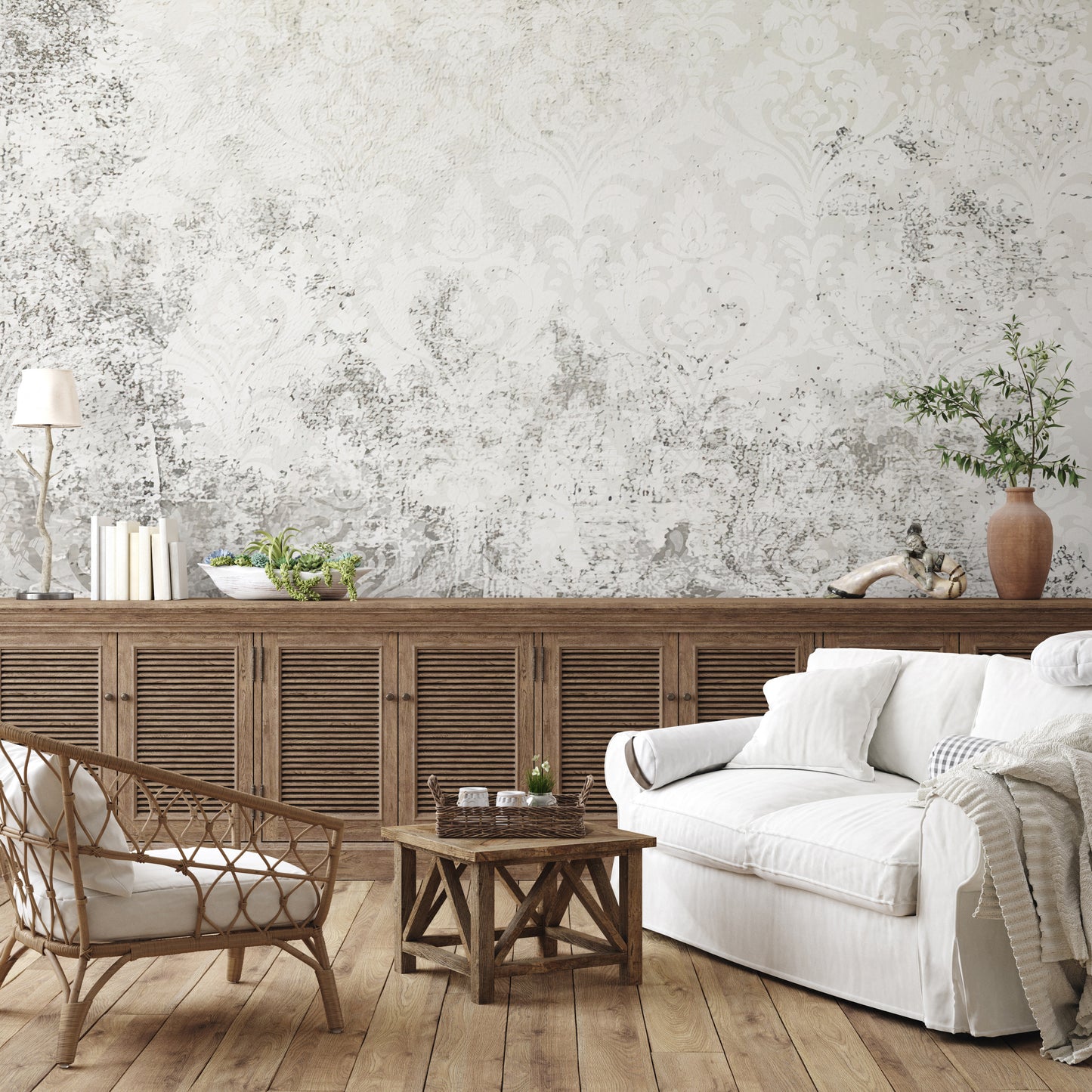 White Vintage Large Scale Damask Distressed Wallpaper Mural in Peel & Stick Canvas Vinyl or Non-Woven