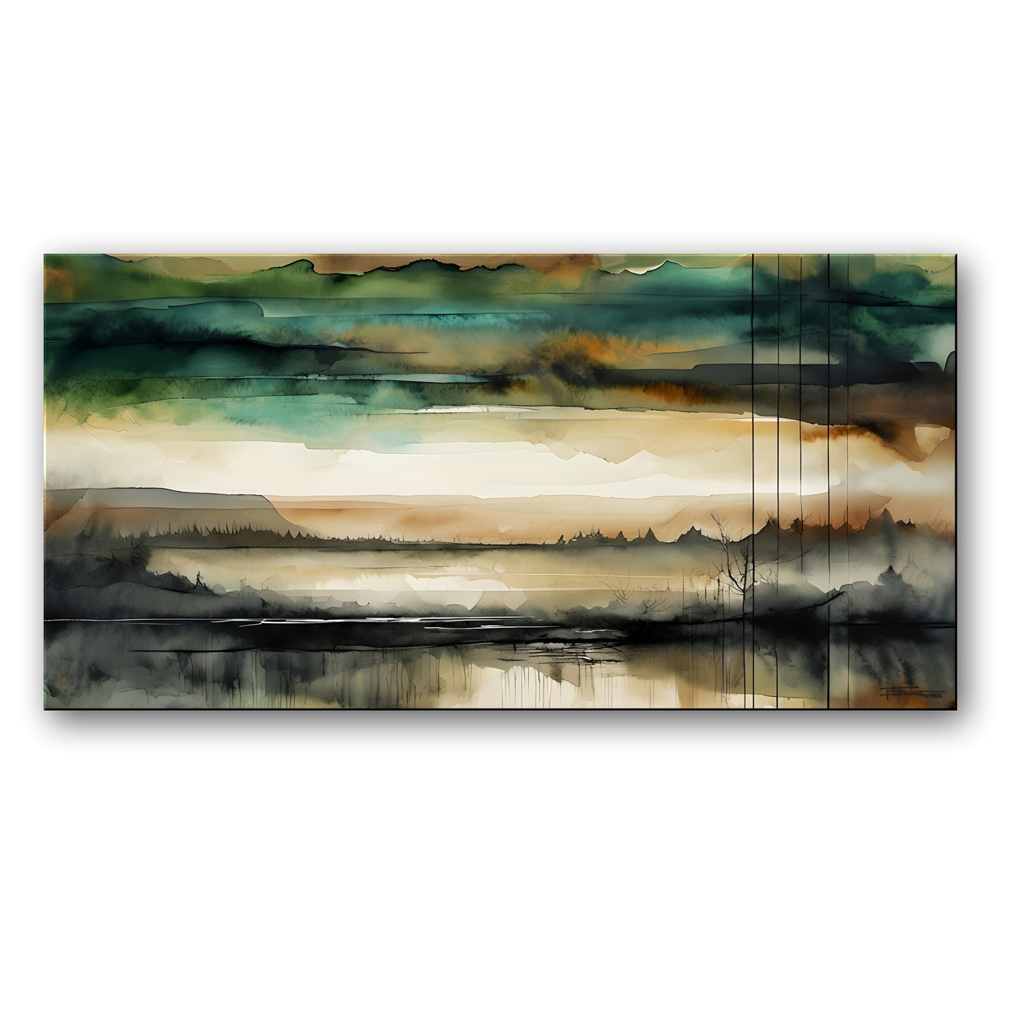 THE GREAT VALLEY -Extra Large Textured Canvas Painting – Limited Edition Abstract Landscape with Distant Tree Outlines in Teal, Gray, White, Beige & Black